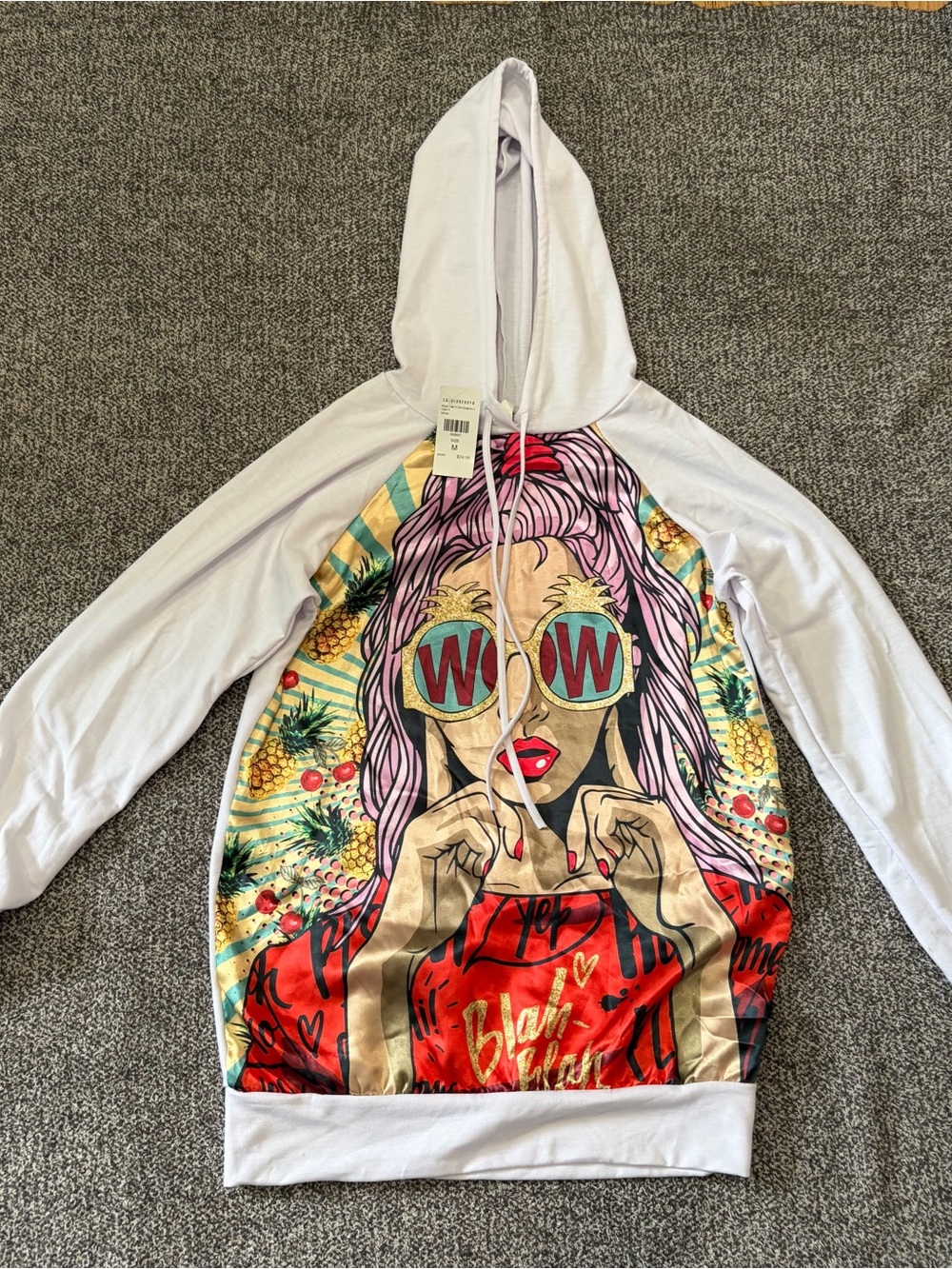 Fashion Nova White Hoodie with Pink Hair Pop Art & Pineapple Accents
